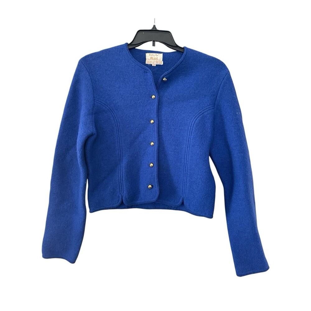 Vintage Tally Ho Womens Boiled Wool Sweater Cardigan Jacket Size 12 Royal Blue